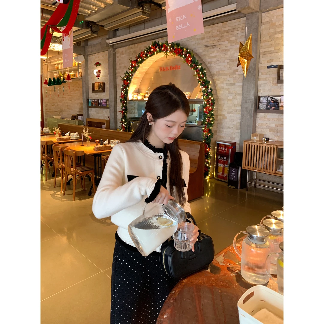 切糕自制【南韩欧尼】小个子秋冬女小众晚宴丝绒拼接毛织小香风毛衣