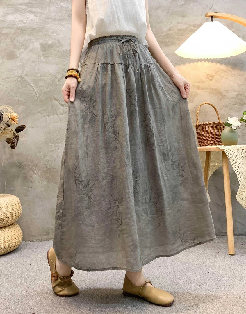 2025清冷系水墨植物印花半身裙高支苎麻A字伞裙夏装新品XC 8258