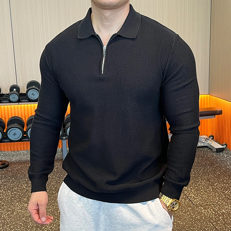 秋冬新款男士翻领运动气质毛衣针织衫长袖上衣时尚半拉链健身