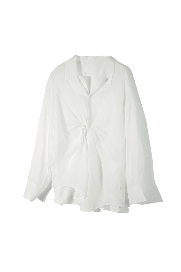 Sue.m100%苎麻法式不规则扭结长袖衬衫小众设计感衬衫