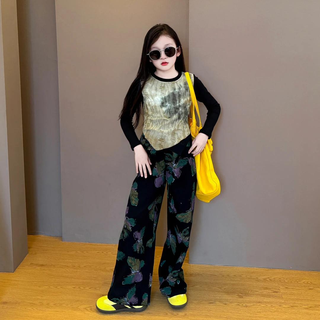女童新款2025春秋季韩版设计感休闲上衣蝴蝶印花修身裤两件套甜酷