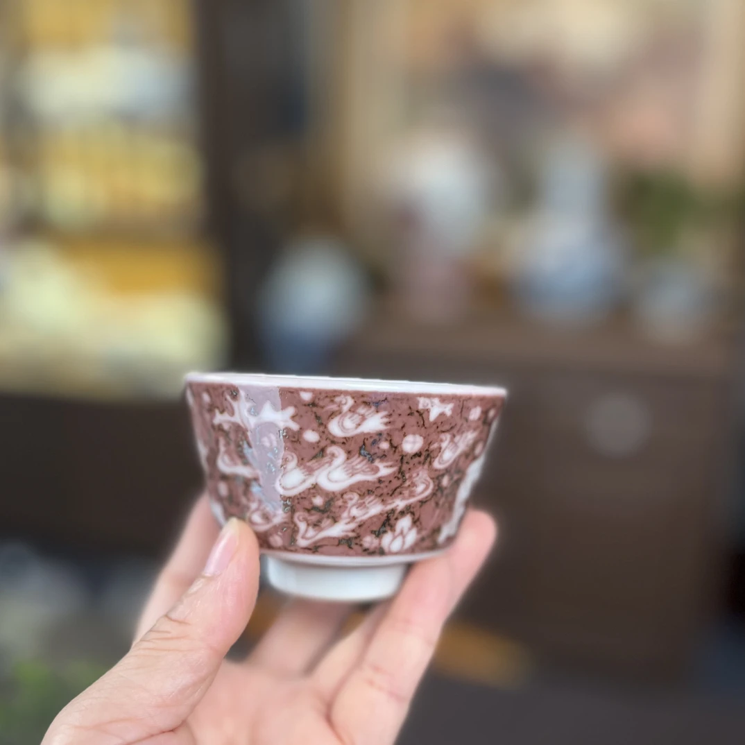 景德镇幽蓝溪堂仿元釉里红一路连科马蹄杯茶杯茶具主人杯陶瓷
