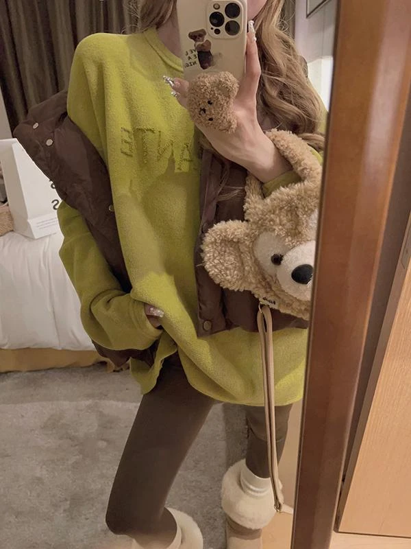 慵懒风毛巾料加绒加厚打底卫衣女秋冬韩系宽松圆领时髦内搭上衣