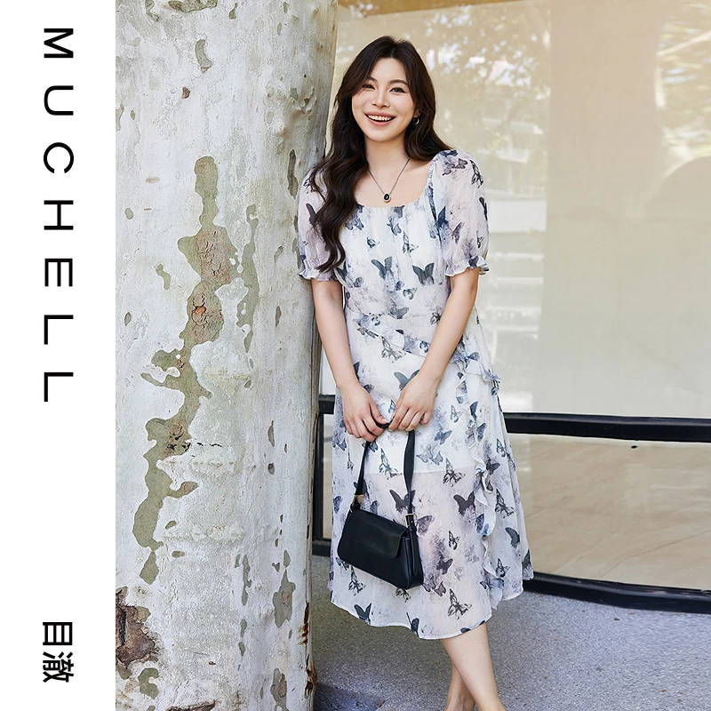 目澈MUCHELL夏新款【小尖尖】大码水墨蝴蝶印花连衣裙MDS2LD2147