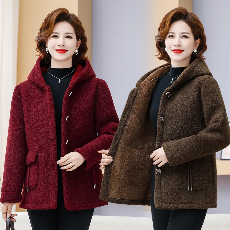 妈妈冬季中长款连帽棉衣中老年气质女装冬装大码加绒加厚外套2538