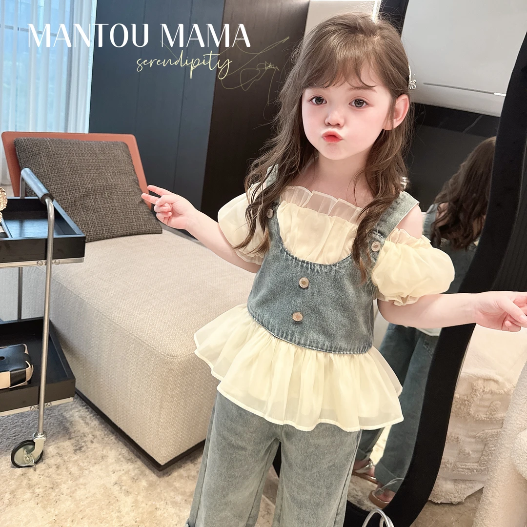 【馒头家】【现货】牛仔拼接娃娃套装女童夏季洋气韩版上衣牛仔裤