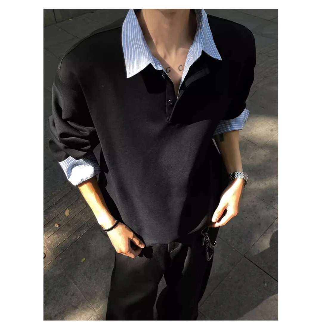 假两件衬衫领卫衣男款秋季潮牌宽松高级感重磅长袖T恤休闲上衣服