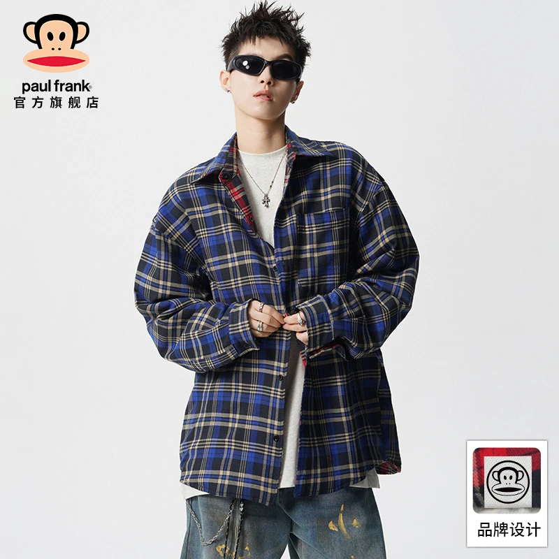 paul frank/大嘴猴休闲宽松长袖衬衫男潮流复古百搭格子衬衣外套