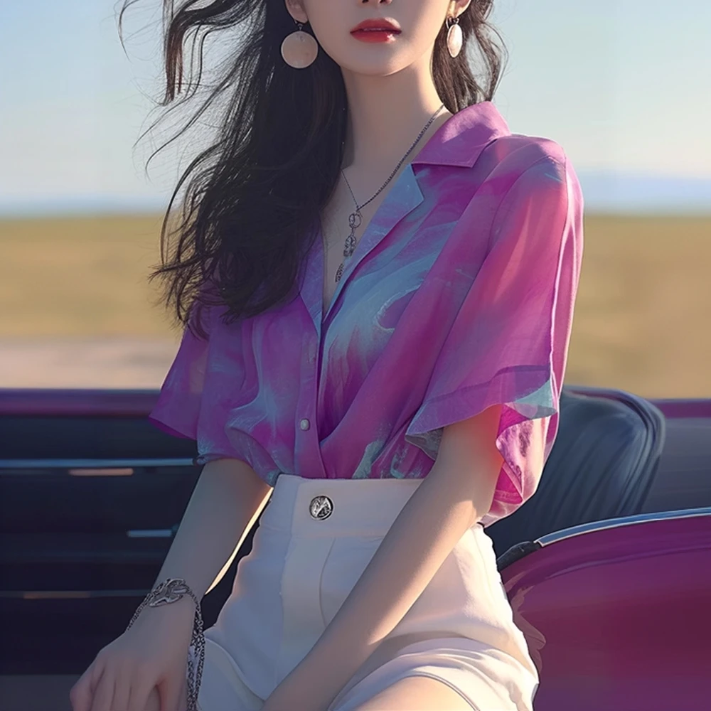 韩系别致超好看紫色印花POLO领短袖衬衫夏季款独特休闲百搭小上衣