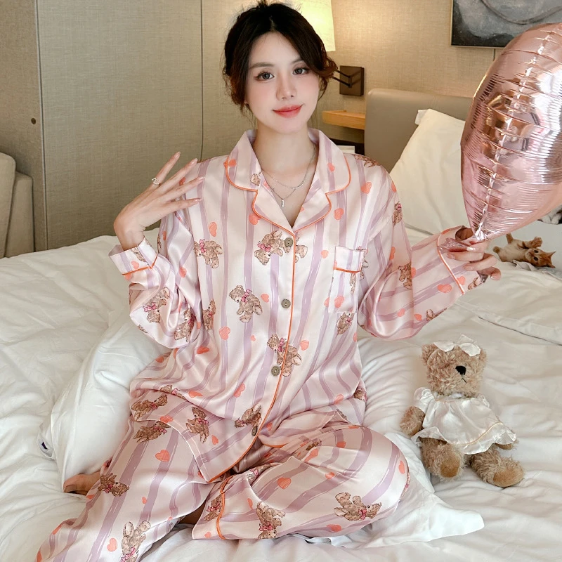 2025新款卡通甜美小熊睡衣女春夏季新款长袖长裤条纹家居服