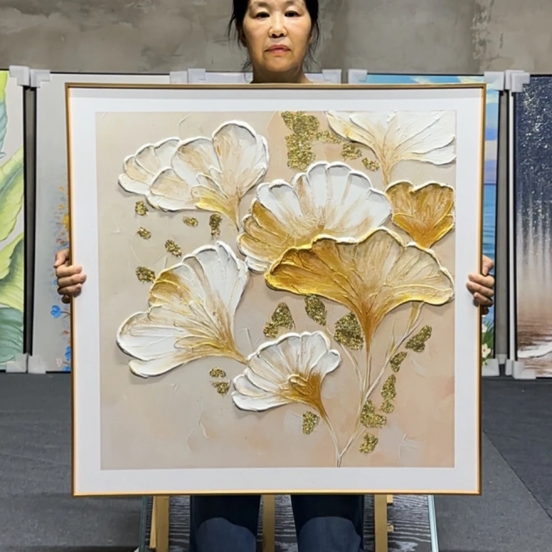 【银杏叶】手绘立体砂岩肌理油画餐厅客厅装饰画走廊挂画8080