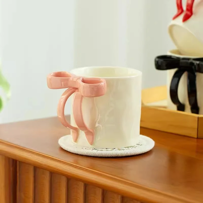 肆月初柔蝴蝶结马克杯家用喝水陶瓷杯水杯精致漂亮高颜值可爱杯子