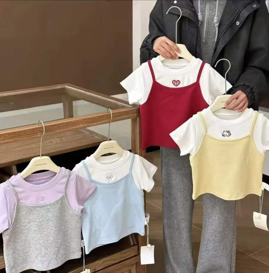 2025夏季雅纱棉女宝新款洋气网红款韩版刺绣假两件短袖撞色上衣