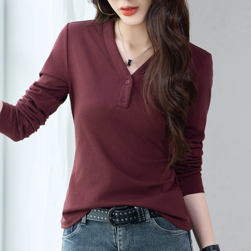 酒红色V领韩版女士长袖T恤春秋季纯色时尚打底衫洋气修身显瘦上衣