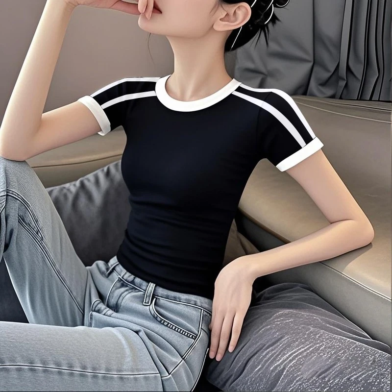 2025新款夏季圆领设计感修身短袖T恤女正肩黑色薄款小众上衣潮
