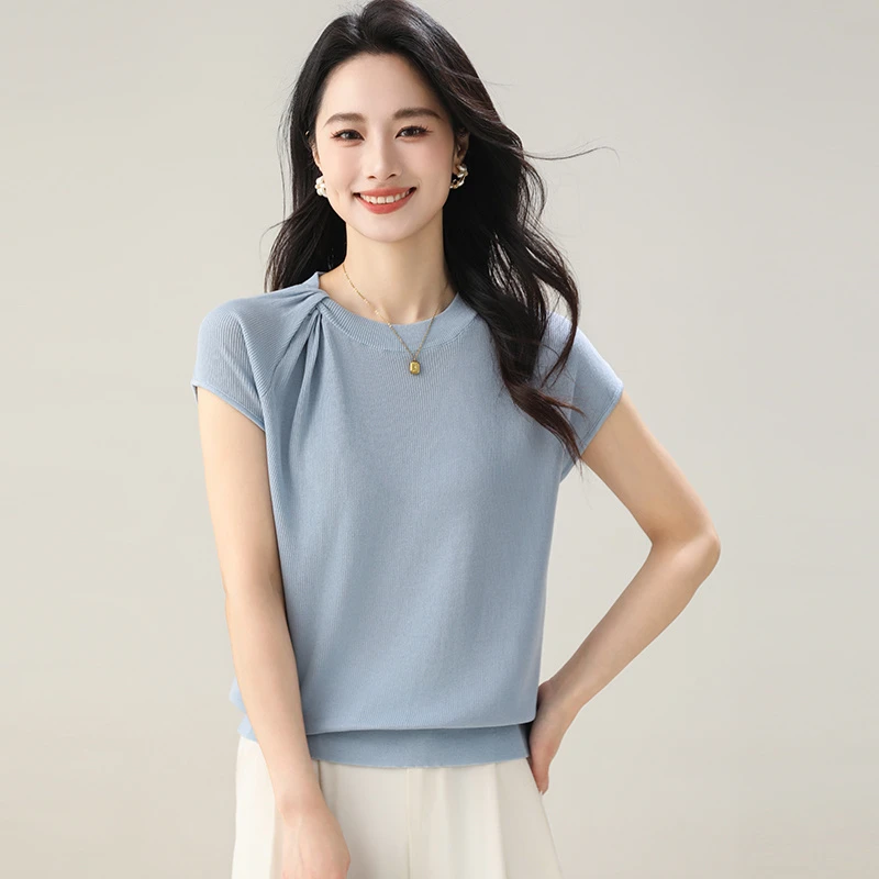 【直播爆款】桑蚕丝上衣春秋薄款针织衫短袖时尚褶皱冰丝T恤衫夏季