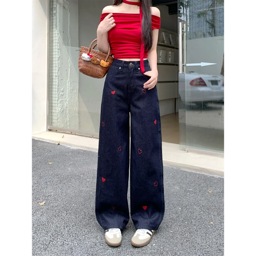 美式高级感爱心印花牛仔阔腿裤夏季2025新款高腰宽松休闲直筒裤子