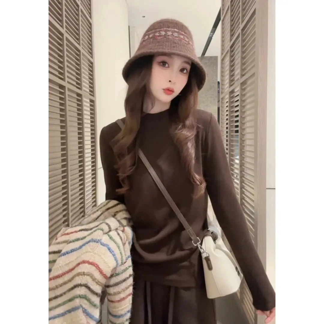 韩系INS风舒适宽松简约显瘦百搭长袖纯色打底衫T恤YY-80015