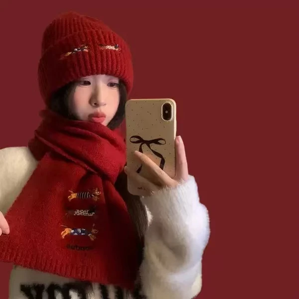 韩版可爱腊肠狗毛线帽女冬季潮流百搭帽子围巾两件套保暖针织围脖