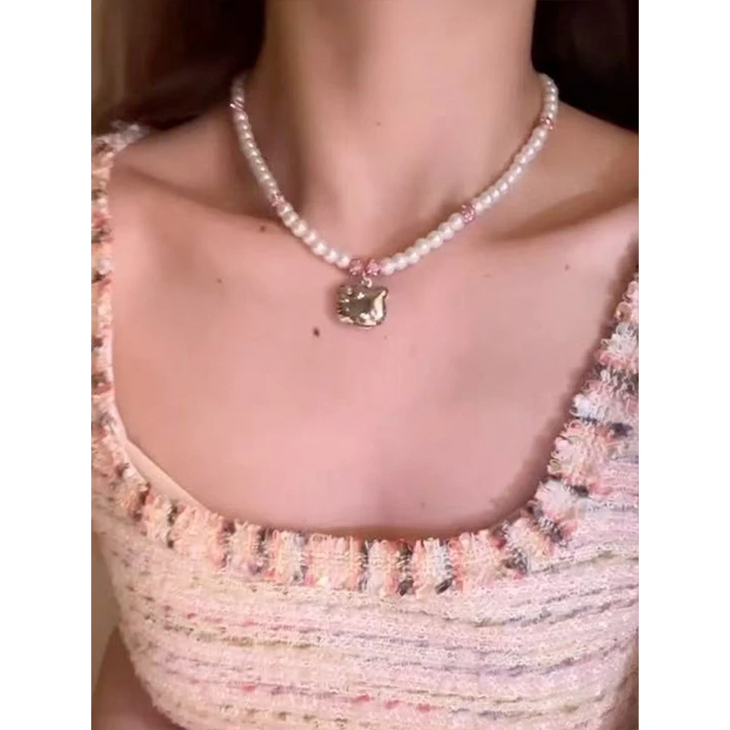 铜合金仿珍珠吊坠 kitty珍珠项链女小众吊坠kt锁骨链甜美配饰颈链