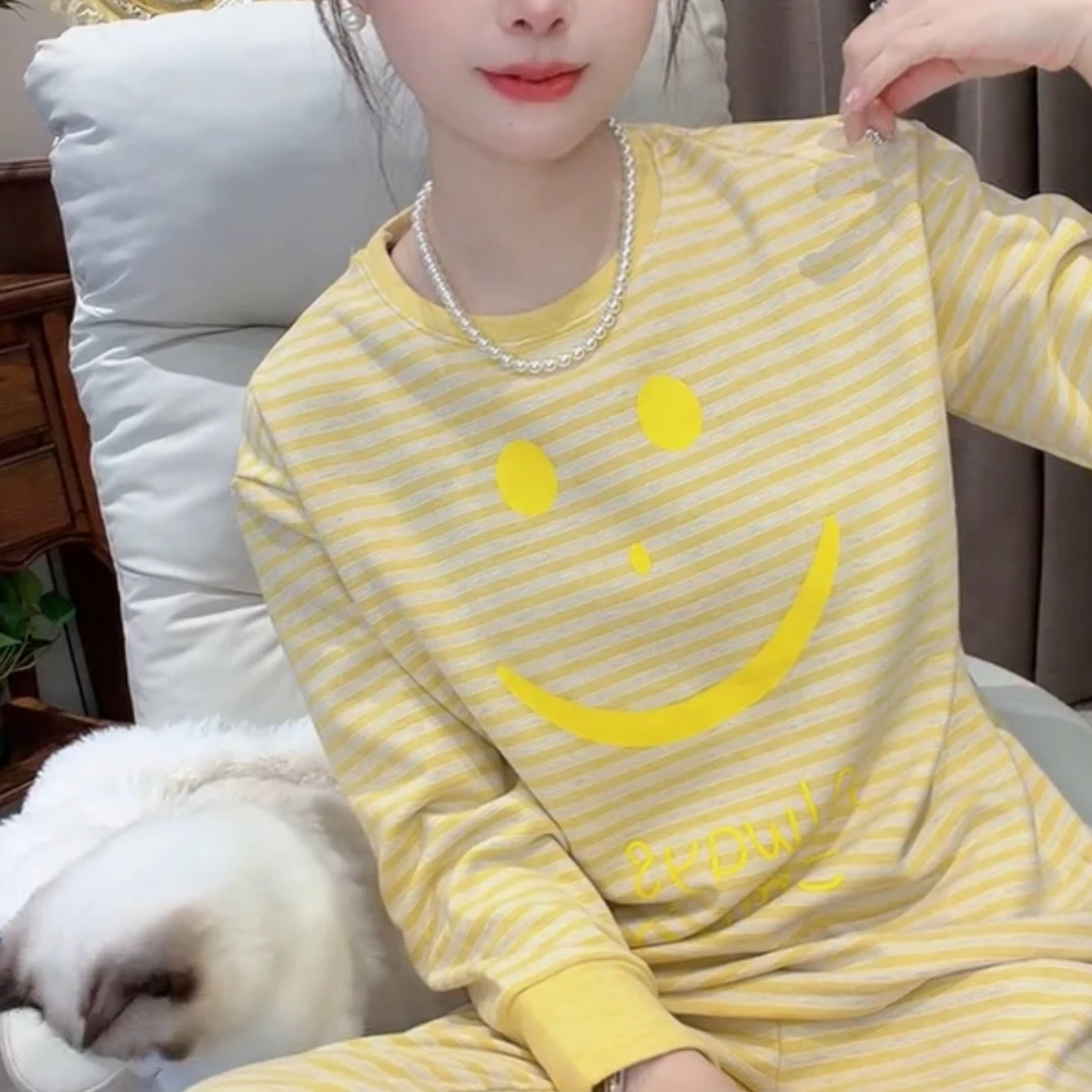 条纹笑脸睡衣套装2025秋冬新款女士加厚长袖长裤家居服