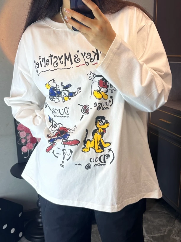 韩国ins秋季新款趣味涂鸦卡通米奇印花休闲百搭长袖T恤女上衣