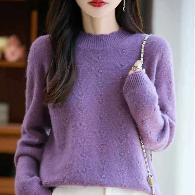 正品哥弟新款花边圆领宽松提花针织衫秋冬慵懒风百搭洋气打底毛衣