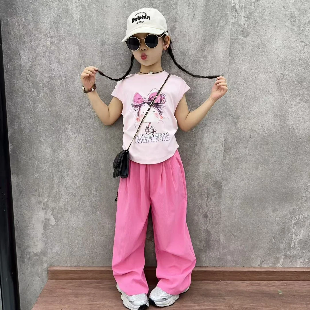 女童套装夏季2025新款薄款中大童多巴胺印花飞袖山本裤儿童两件套