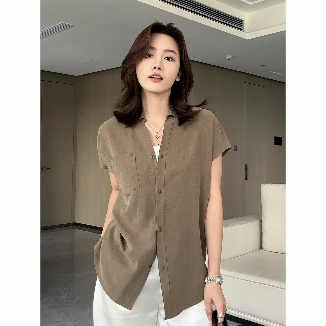 REALNEEI【乌木逢春】老钱风莱赛尔亚麻薄款小飞袖polo领马甲21714