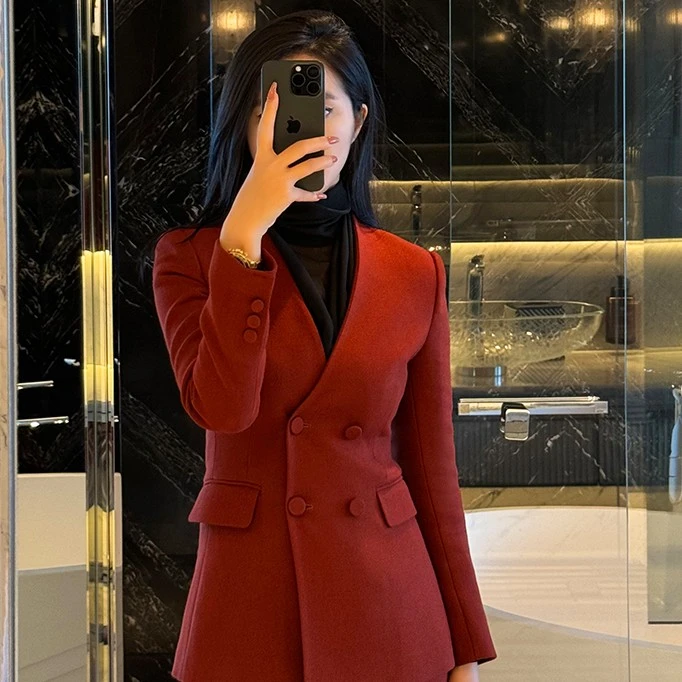 砖红色西装高端套装气质长袖时尚西服修身女神范-2549