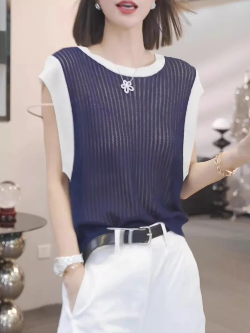 条纹镂空冰丝针织衫女2025年夏季新款宽松百搭圆领上衣小飞袖t恤