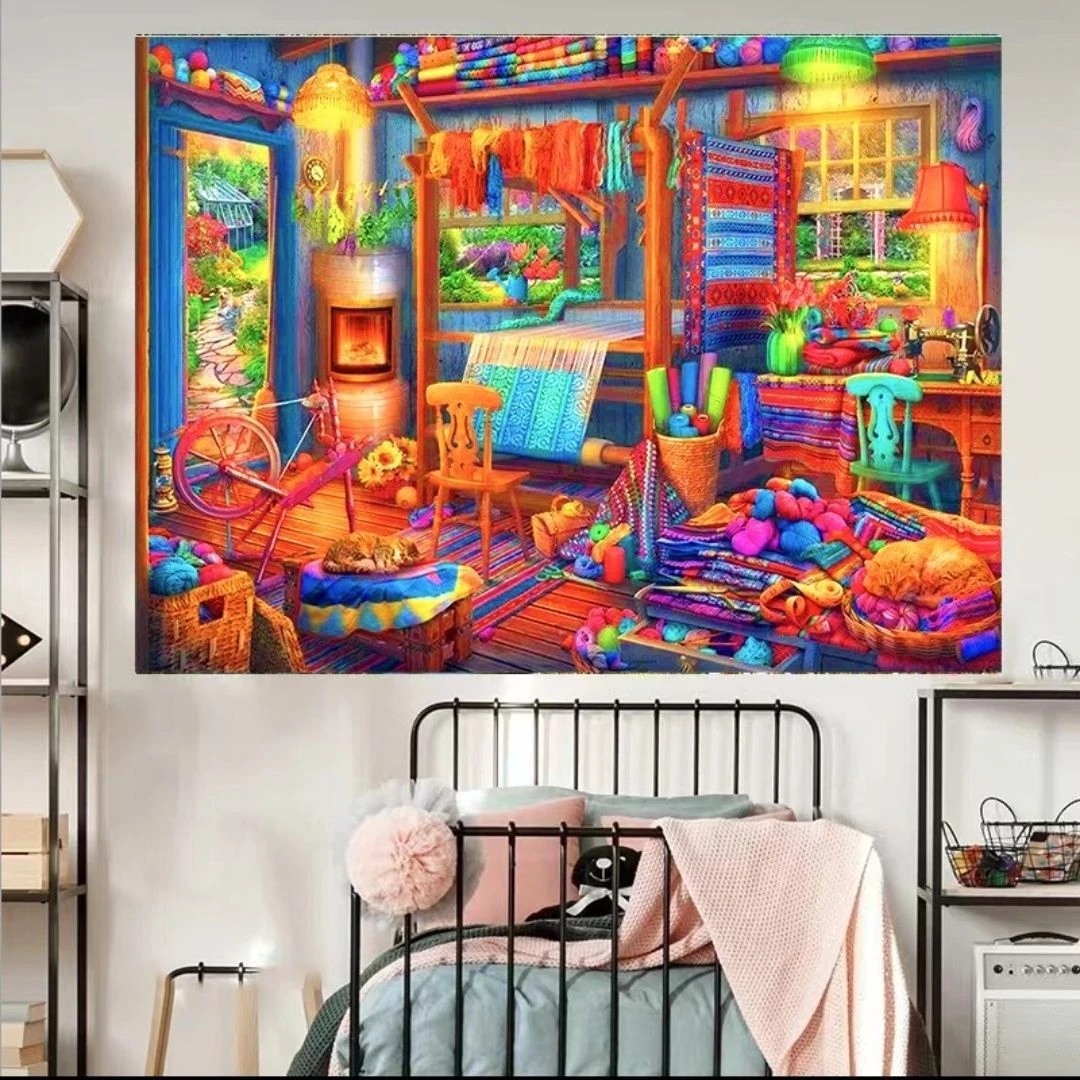 83大纯手工绣好十字绣成品2139彩色房屋玄关挂画