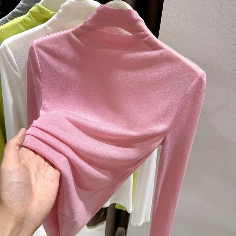 粉色半高领打底衫女秋季软糯长袖修身内搭薄款高级感百搭T恤上衣