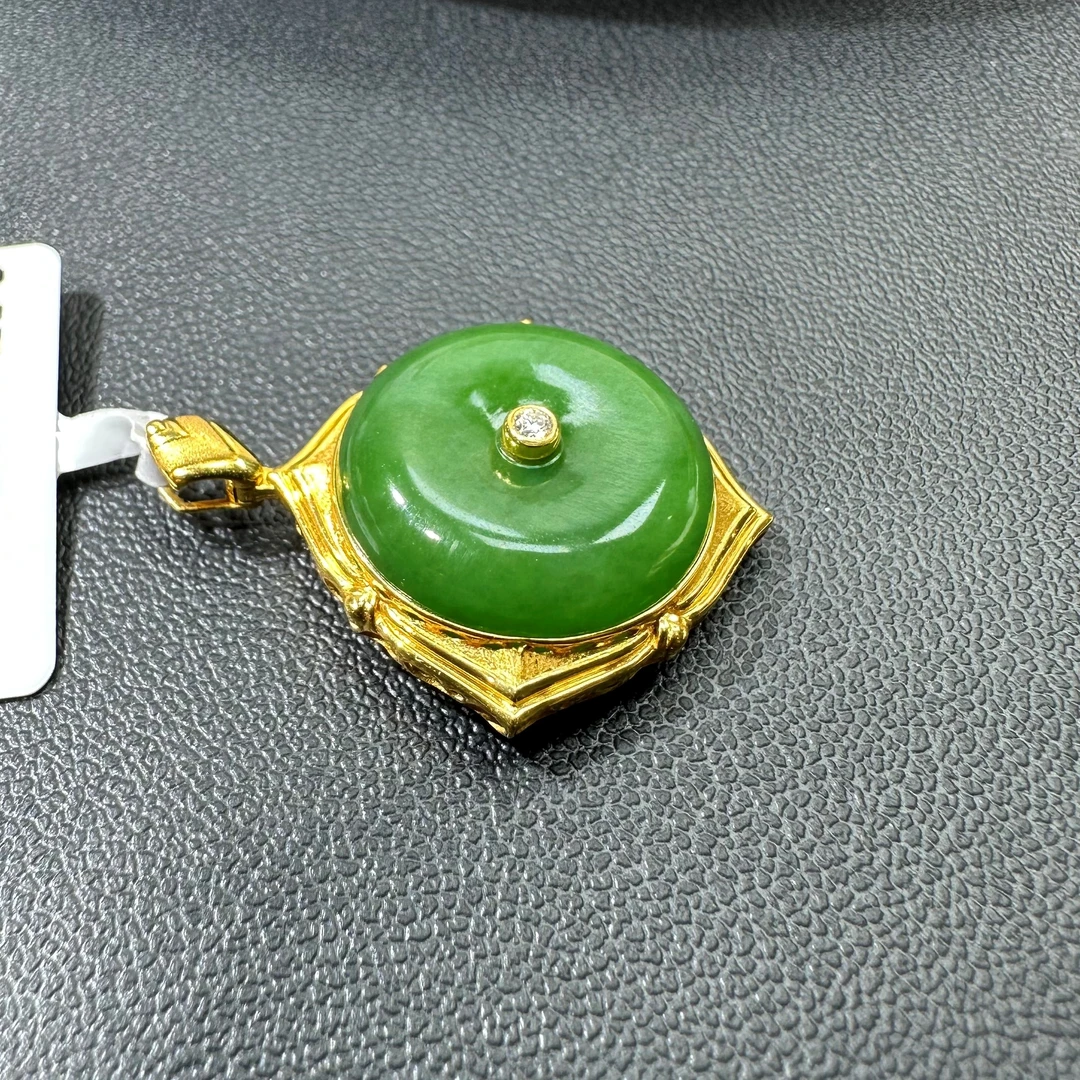 俄料碧玉阳绿平安扣（裸石16*6mm）18K金镶嵌吊坠绿色精美气质气质