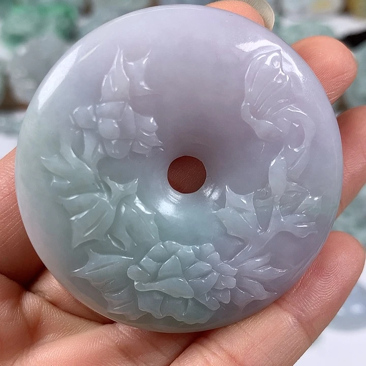 翡翠未镶嵌颈饰花开富贵平安扣两面工艺福利