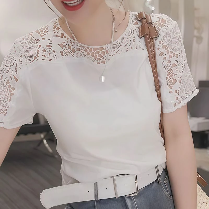 百搭老钱风女装设计感镂空t恤短袖女款爆款2025新款夏季蕾丝上衣