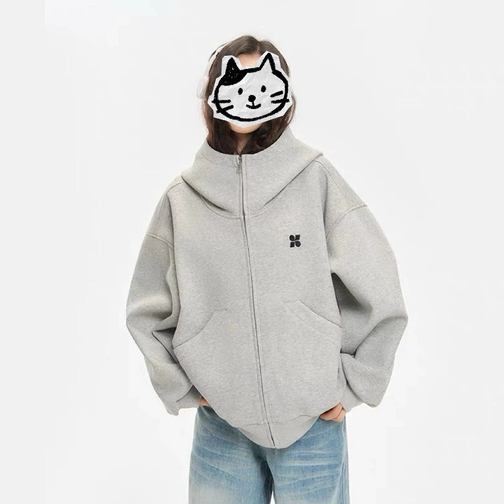 美式简约图标印花高领开衫连帽卫衣男女秋冬季宽松拉链情侣款外套