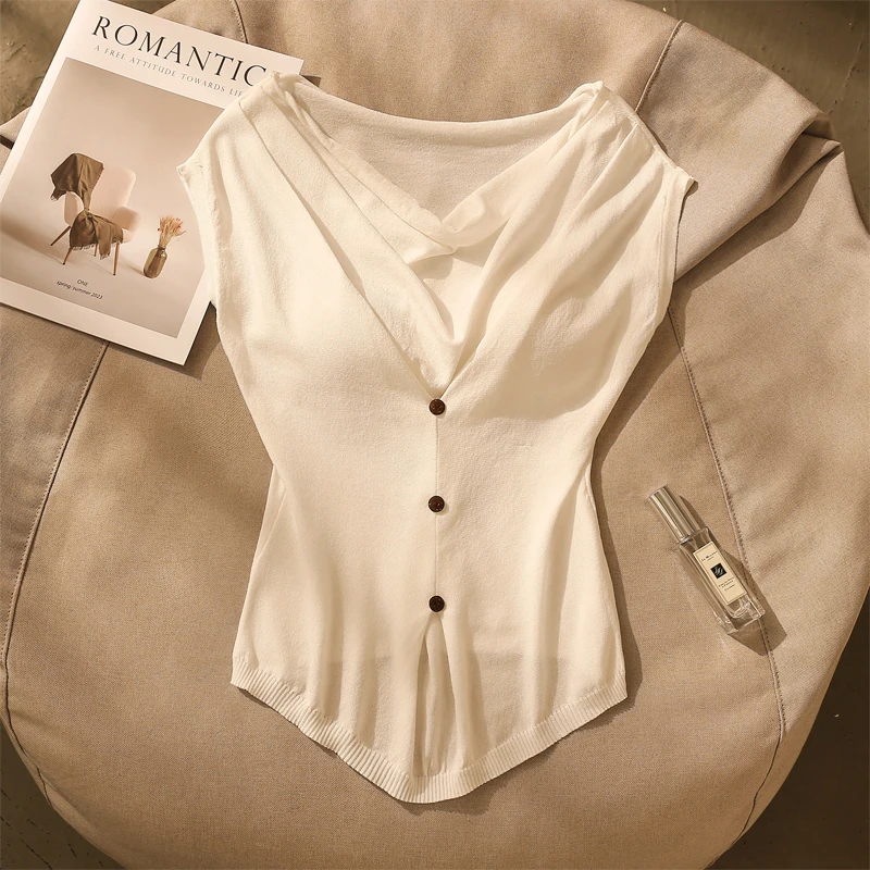 气质荡领针织一字肩吊带背心女夏季新款纯欲收腰修身内搭无袖上衣