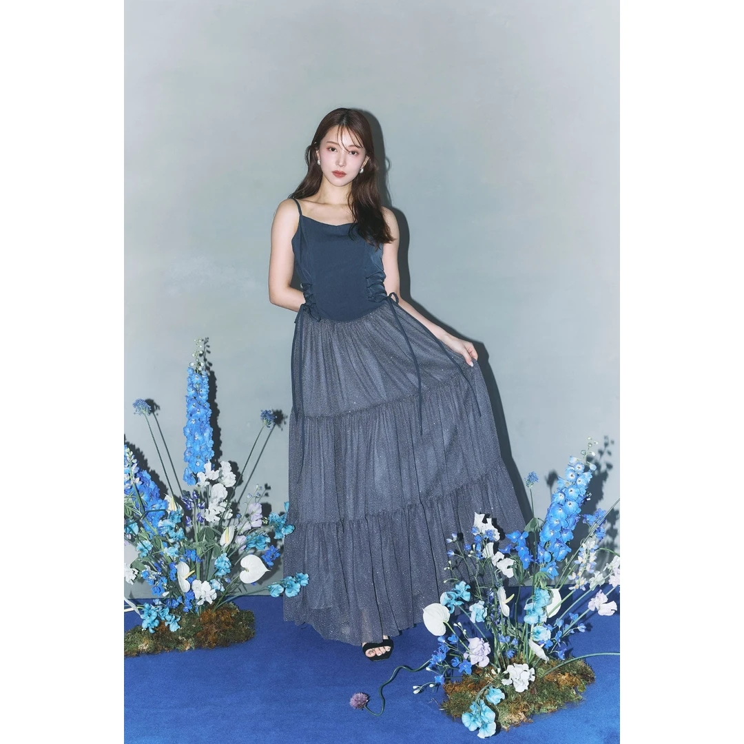 【胖虎家】夏季新款 P 星空细闪亮片分层拼接优雅A字大摆半身裙