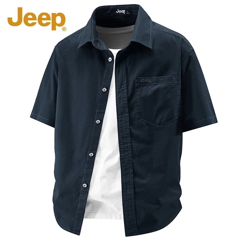 Jeep吉普正品纯棉短袖衬衫男夏季新款休闲中青年上衣宽松翻领衬衣
