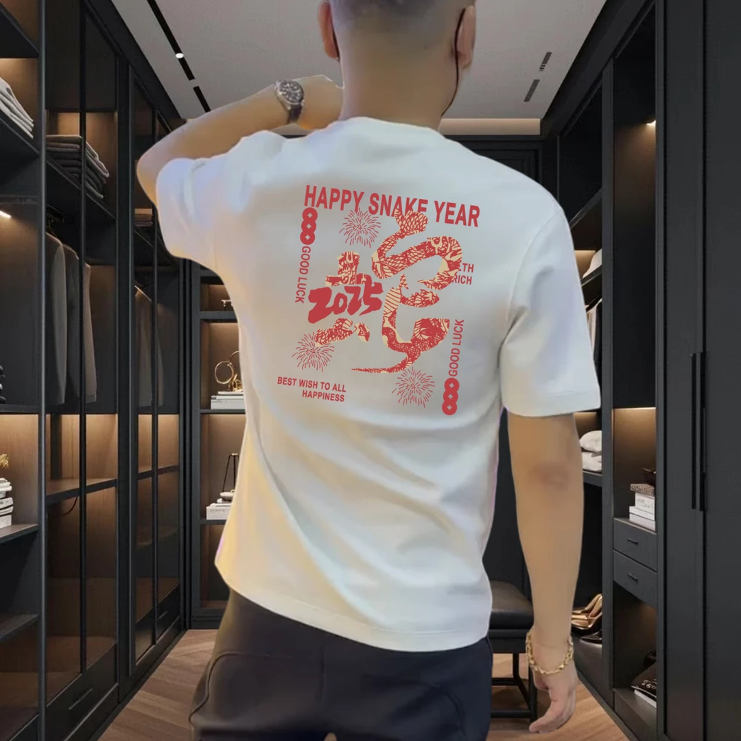 2025新年新款男士纯棉短袖时尚休闲潮流印花半袖修身国潮圆领国风