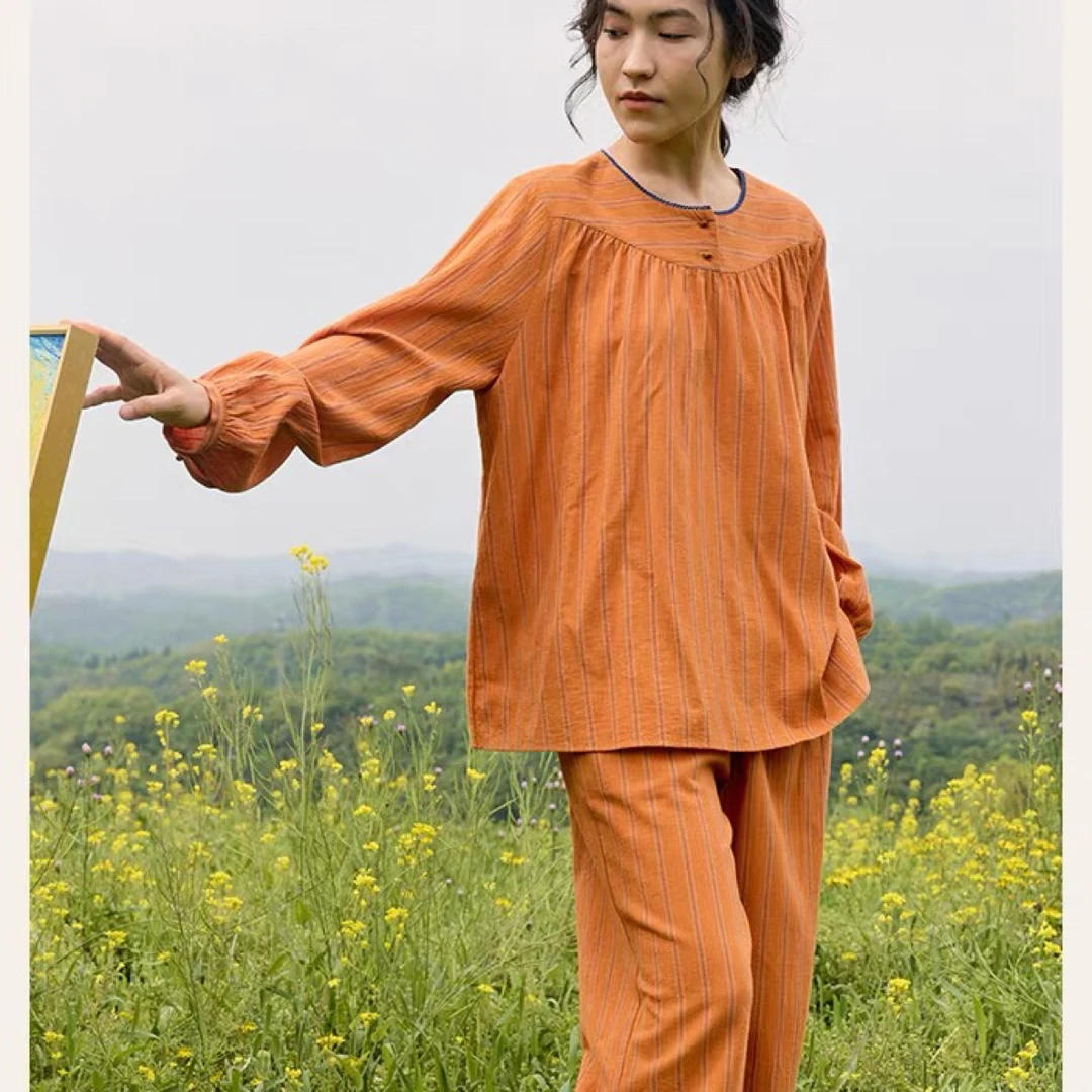朵朵可可25女士秋冬新款纯棉圆领套纹居家条纹长袖睡衣家居服