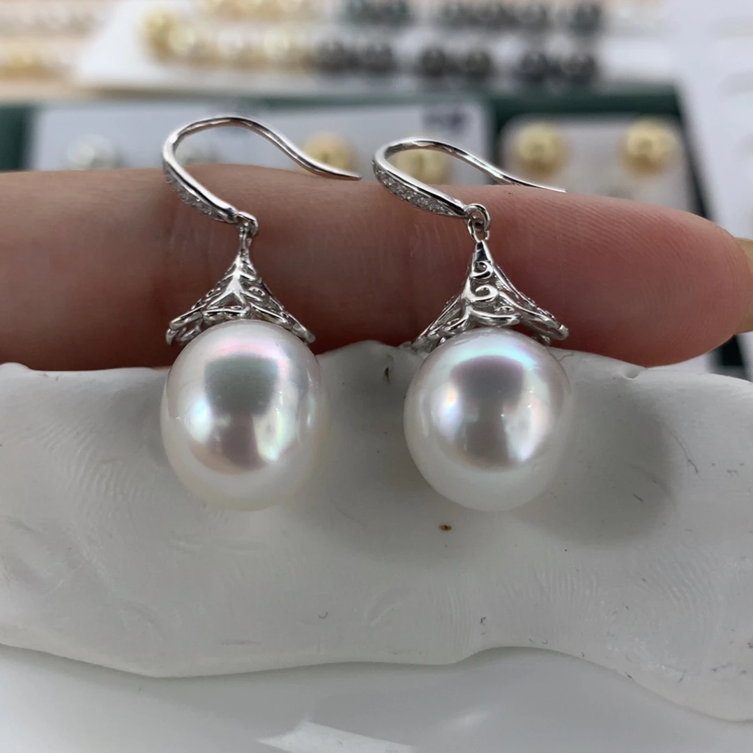 定制海水珍珠银S925镶嵌耳饰澳白炫彩光11-12mm耳钩