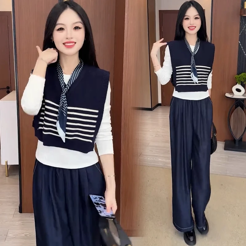 时尚套装女2025秋季新款洋气显瘦马甲上衣打底衫阔腿裤三件套潮