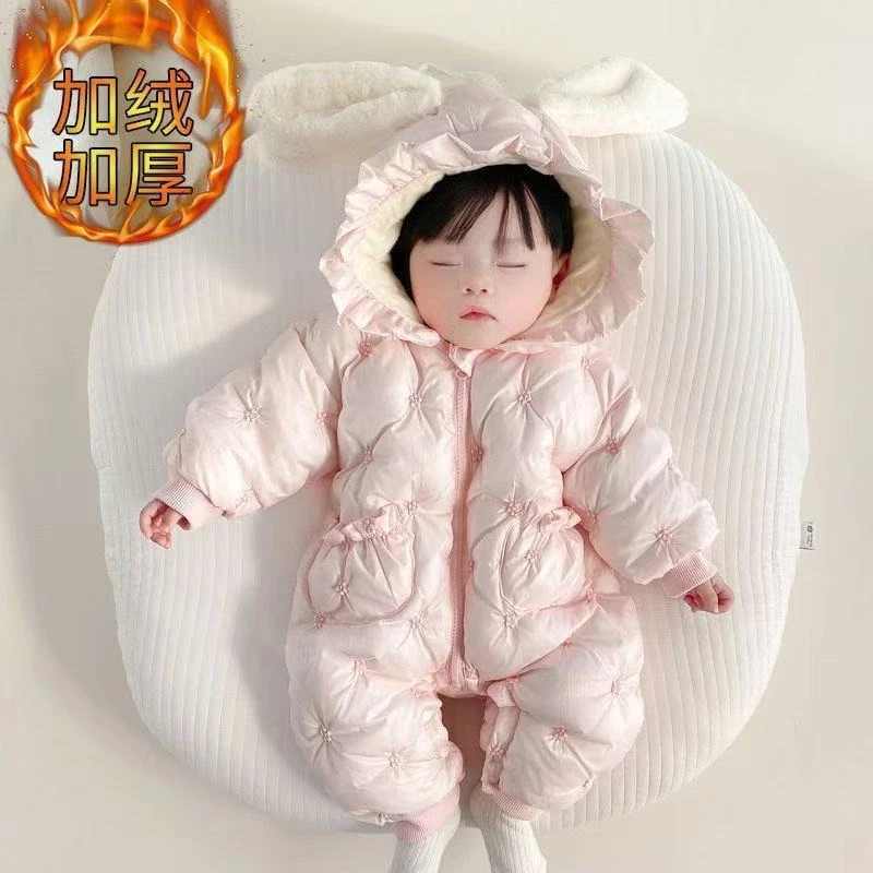 新款冬季婴儿棉服连体衣冬装女宝宝加厚绒爬服喜庆拜年满月外出服