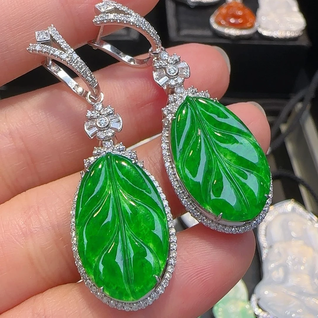 翡翠18K金镶嵌耳饰两用款辣阳绿叶子耳包