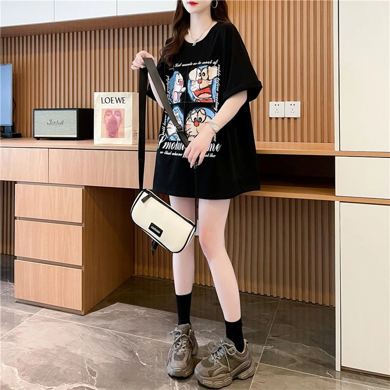 洋气学院风卡通印花纯棉短袖T恤女2025新款中长款夏季韩版宽松潮