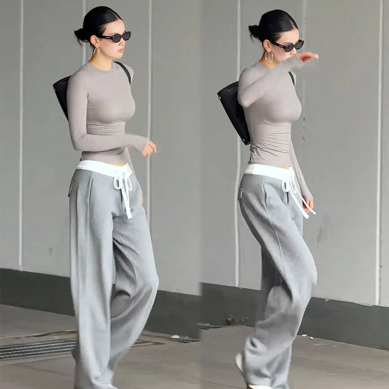 2025秋季新款设计感修身显瘦长袖圆领上衣女搭配休闲阔腿裤两件套