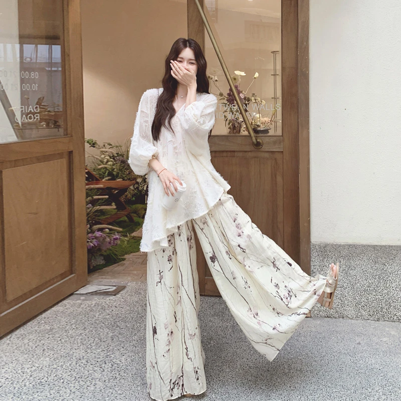不规则上衣印花阔腿裙裤套装女2025夏季新款轻奢法式度假风两件套