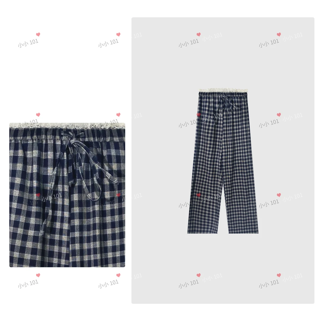 蕾丝拼接格纹裤女春夏新款小个子高腰垂感休闲抽绳格子裤WTT8885